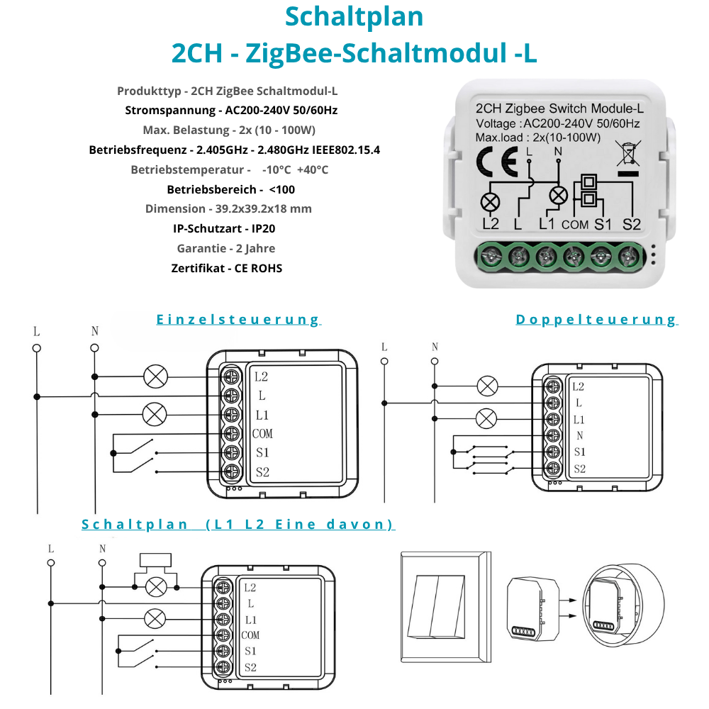 Tuya ZigBee 3.0 Smart Switch Modul – 2-Wege-Schalter, ohne Neutralleiter, kompatibel mit Alexa, Google Assistant, Smart Life