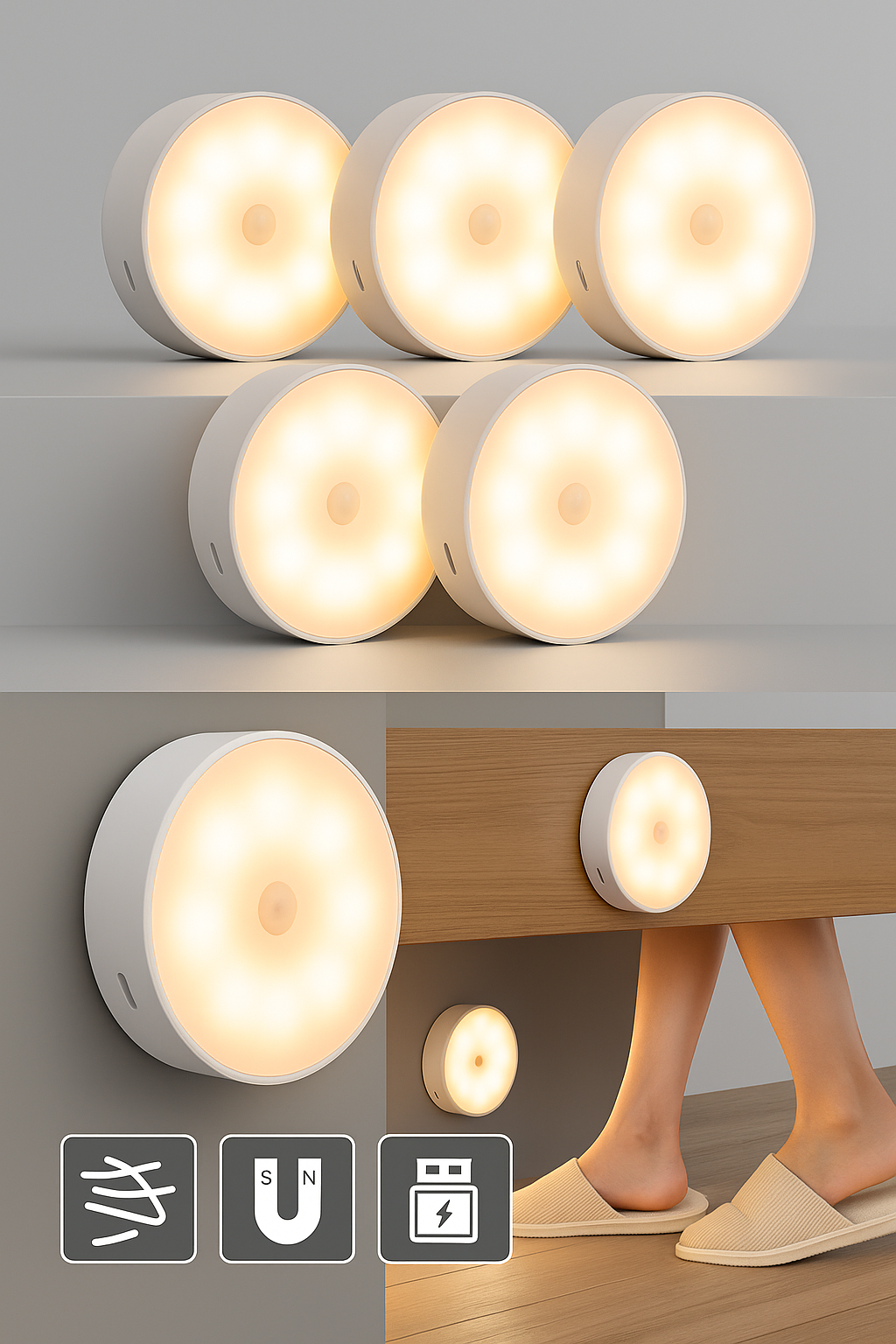 LED Nachtlicht mit Bewegungssensor – USB Wiederaufladbar, Kabellos, Warmweiß – Ideal für Schrank, Flur, Treppe