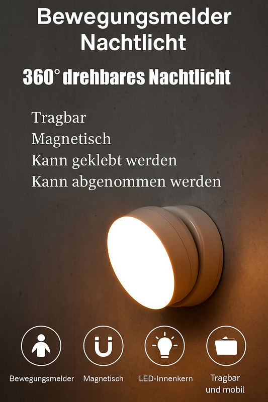 LED Nachtlicht mit Bewegungssensor - USB Wiederaufladbar, 360° drehbar
