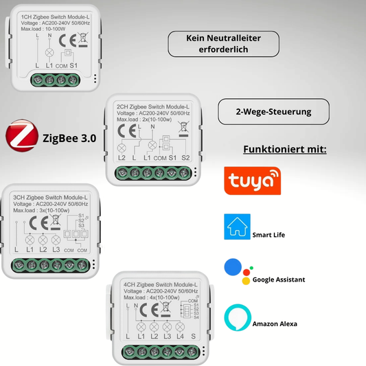 Tuya ZigBee 3.0 Smart Switch Modul – 2-Wege-Schalter, ohne Neutralleiter, kompatibel mit Alexa, Google Assistant, Smart Life